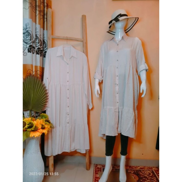 Tunik Kemeja salur midi dress rayon premium jumbo big size busui