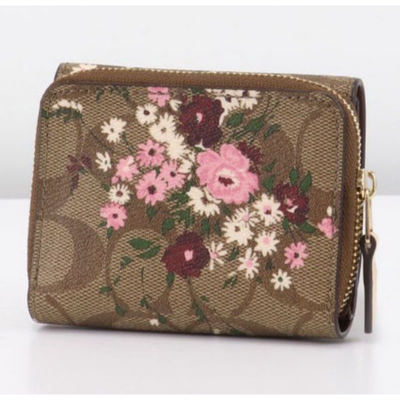 Coach Wallet Small Trifold Flower Patterns Khaki Multi (C6864)