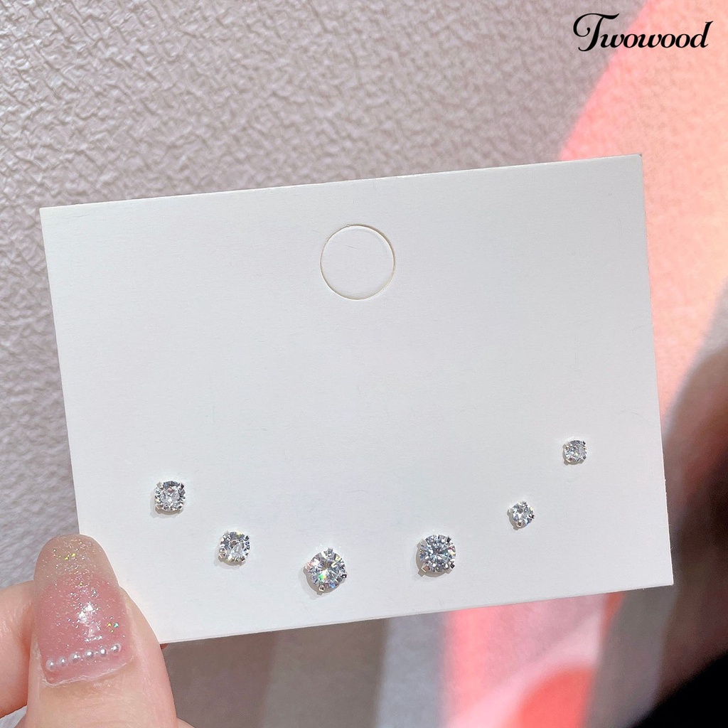 3 Pasang Anting Stud Cubic Zirconia Bentuk Bulat Geometris Bahan Alloy Untuk Wanita