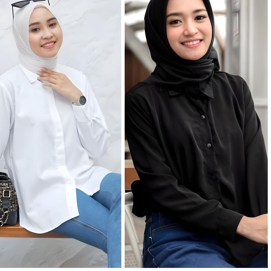 Menarik.. Kemeja Polos Kerja Kantor Atasan Wanita Lengan Panjang Karet Cewek Remaja Warna Putih Blou