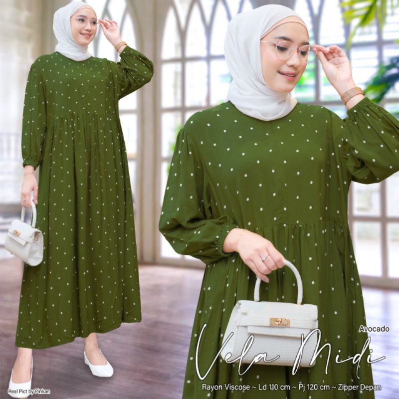 vela midi / midi dress zipper depan / gamis busui / maxy polkadot / maxi rayon viscose / bisa COD