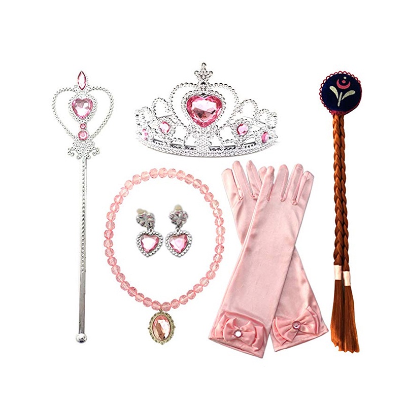 Disney Cosplay Frozen Halloween Cosplay Elsa Anna Princess Accessories Gifts Crown + Wig + Magic Wand + kalung + anting-anting + Sarung tangan