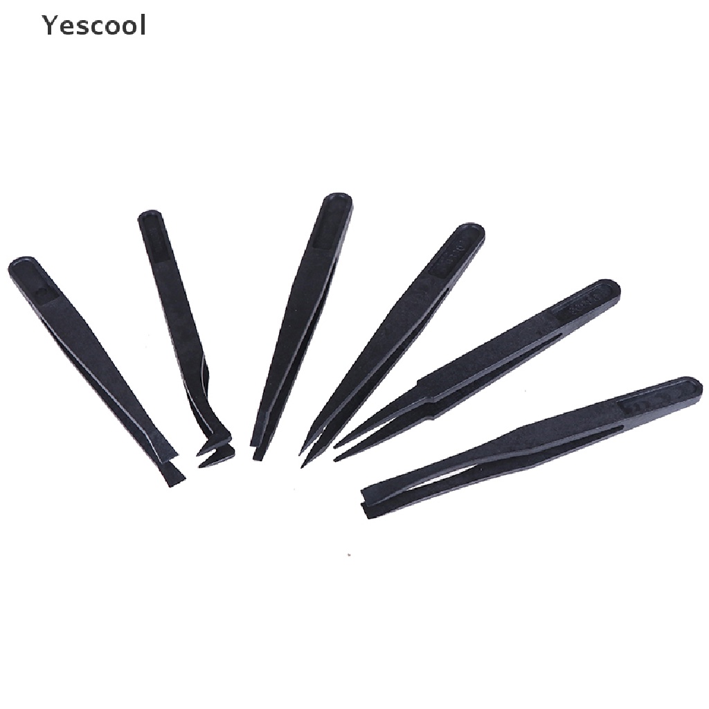 Yescool 6Pcs Pinset Plastik Hitam anti Statis Tahan Panas Untuk craft