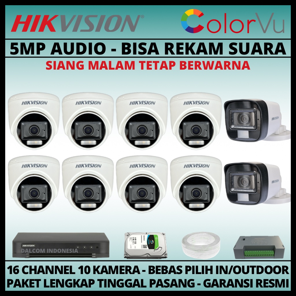 PAKET CCTV HIKVISION COLORVU 5MP 16 CHANNEL 10 KAMERA COLORFUL