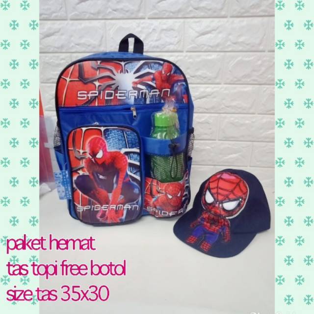 Tas Sekolah Anak Laki-Laki Ransel Spiderman Gratis Botol Minum Plus Topi Led