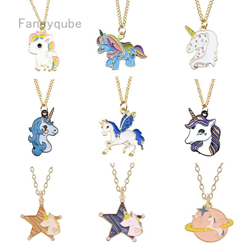 Kalung Rantai dengan Liontin Enamel Kuda Unicorn Variasi untuk Anak Perempuan