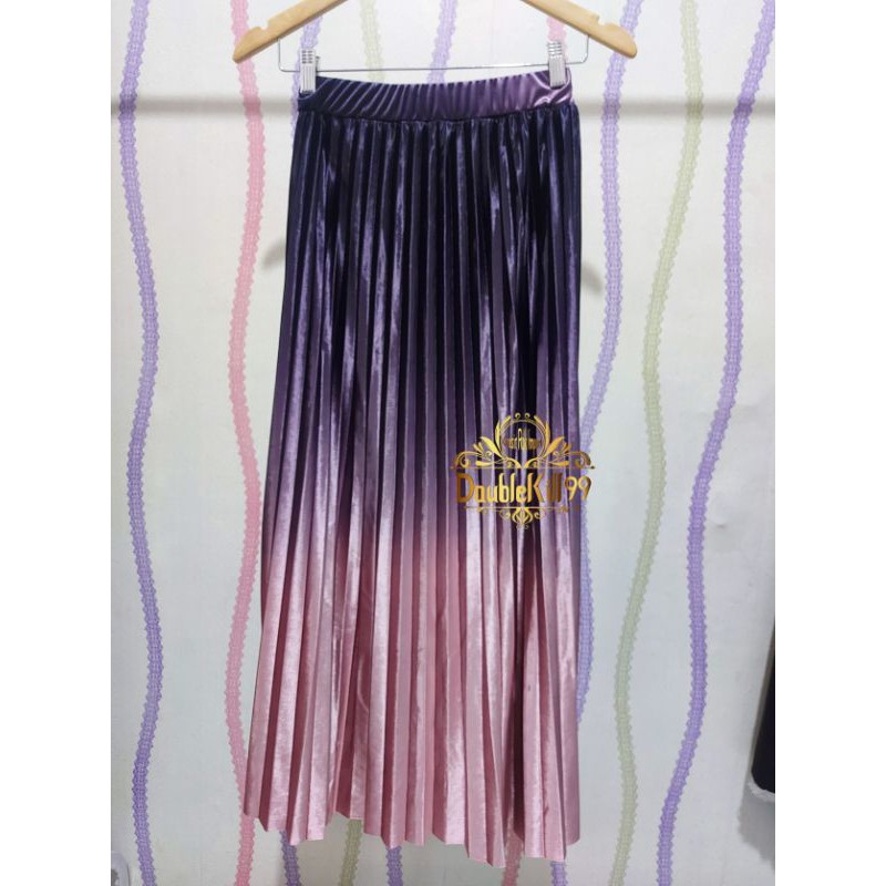 ( Bisa COD ) Rok Bludru velvet Super Gradasi/motif zigzag import Korea(panjang 90cm)-PINK GRADASI PJG