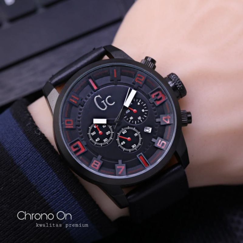 JAM TANGAN PRIA GUESS COLLECTION GC CHRONO TANGGAL ON STRAP TALI KULIT TEBAL