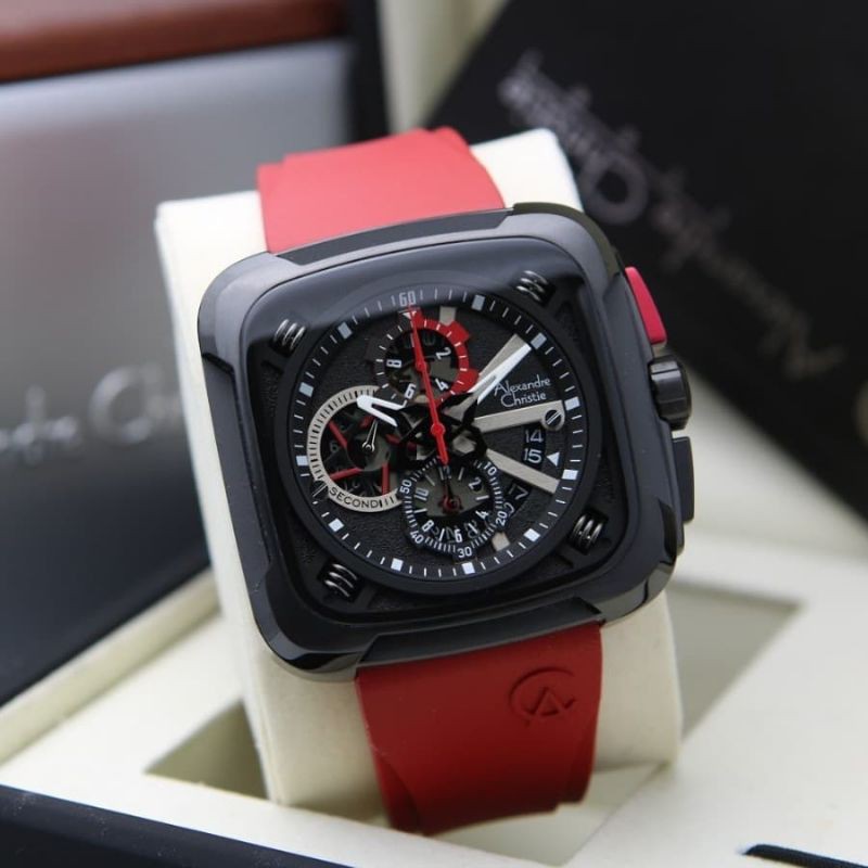 Jam Tangan Alexandre Christie AC 6577 Pria / AC6577 MC Rubber Black Red Original