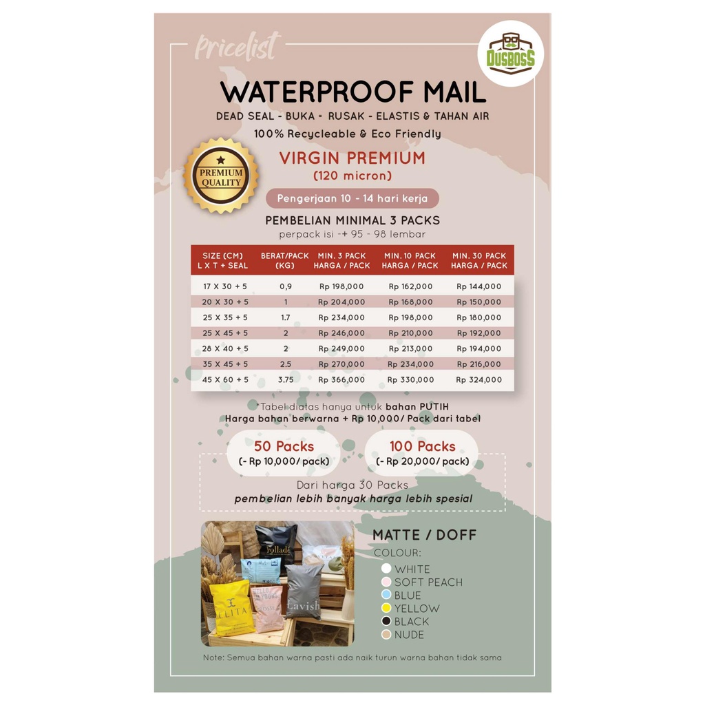 

(Utk harga PM) Custom Made : Waterproof mail - Virgin Premium 120 micron MATTE