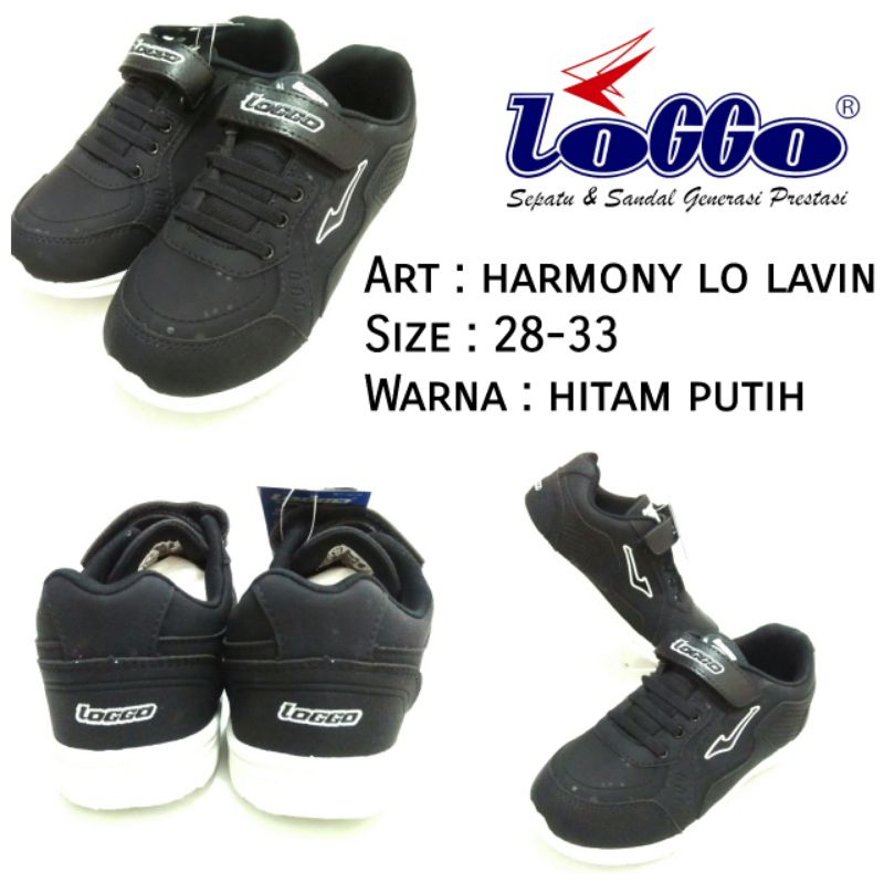 SEPATU SEKOLAH ANAK UNISEX CEWEK COWOK KREKETAN HITAM PUTIH LOGGO HARMONY LO LAVIN SIZE 28-33