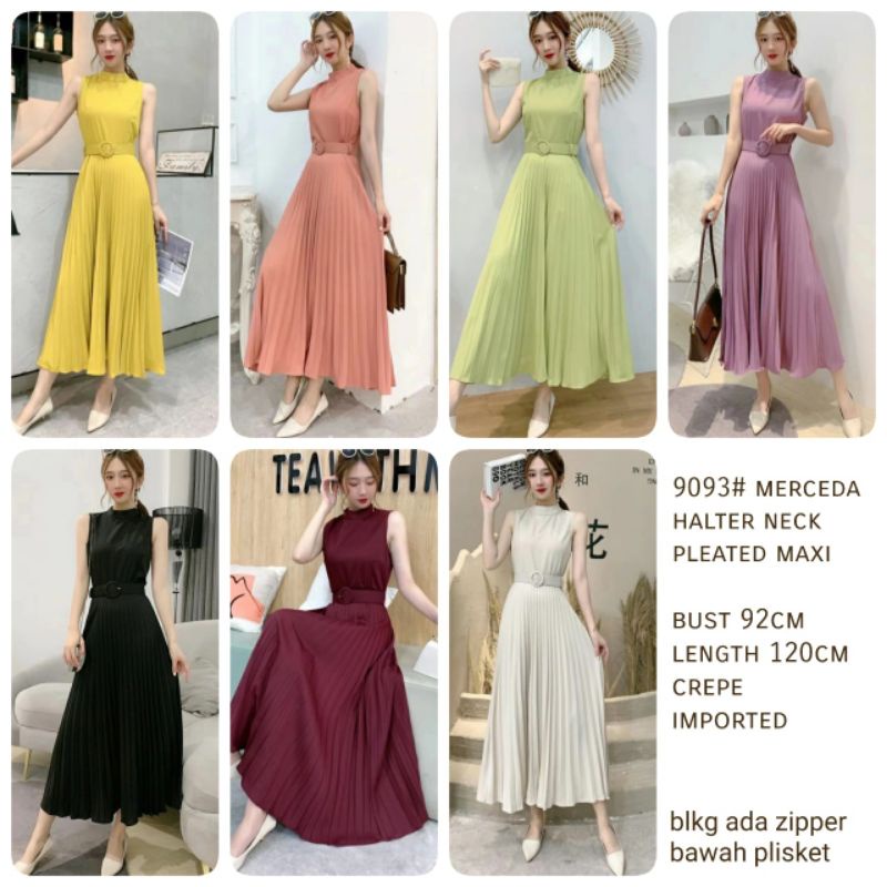 MDLV ~ 9093# Merceda Halter Neck Pleated Maxi Dress Maxi Long Dress Fashion Import