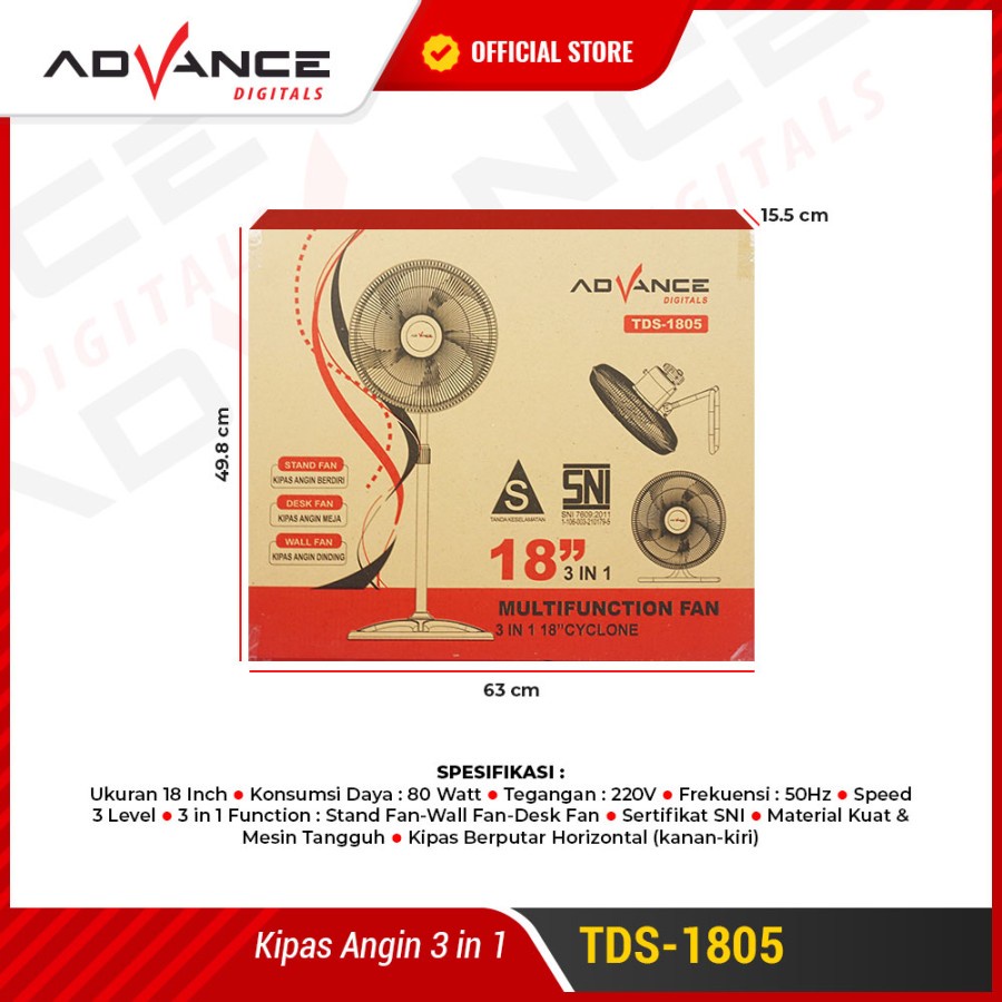 Kipas Angin 3in1 Stand/Desk/Wall Advance TDS-1805 Kipas Angin Tornado | Advance TDS1805 Kipas 18inch - Kipas Berdiri - Kipas Duduk - Kipas Dinding Advance TDS 1805 | FMS