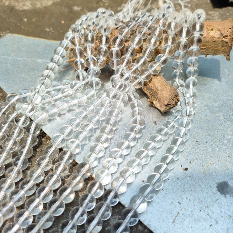 Batu Alam Clear Quartz 6mm 8mm 9mm 10mm Natural Rentengan Bahan Gelang Kalung