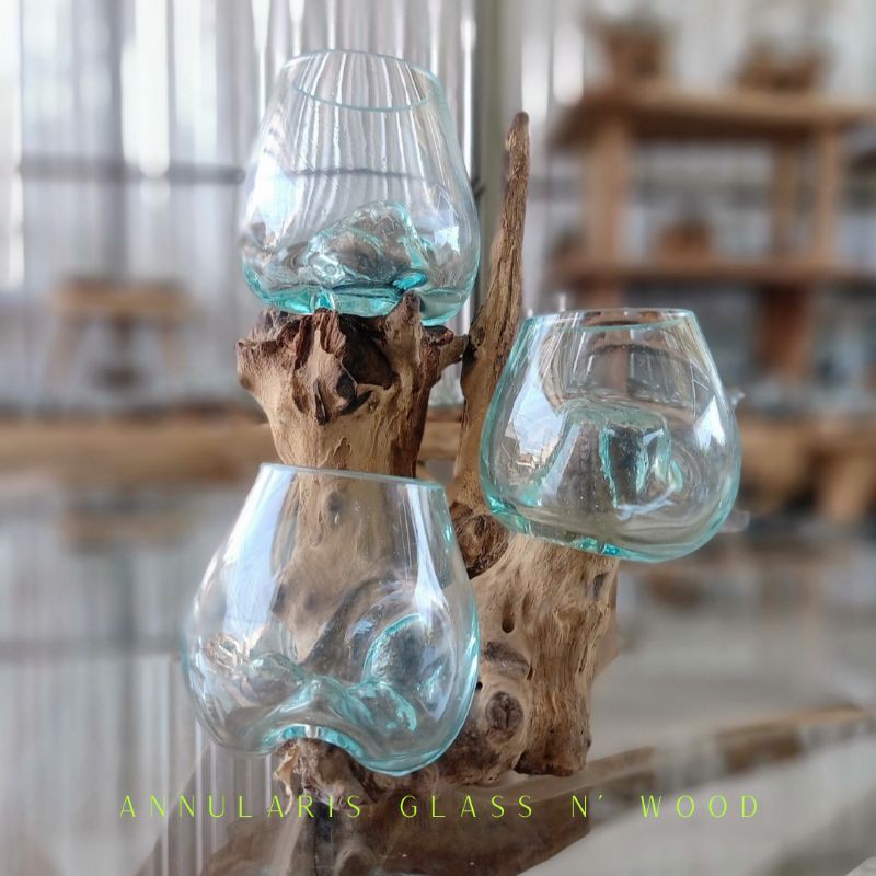 Vas Bunga Kaca Unik Isi 3, Aquarium Akar Kayu Isi 3 Glass on Wood, Molten Glass, Kerajinan Akar Kayu
