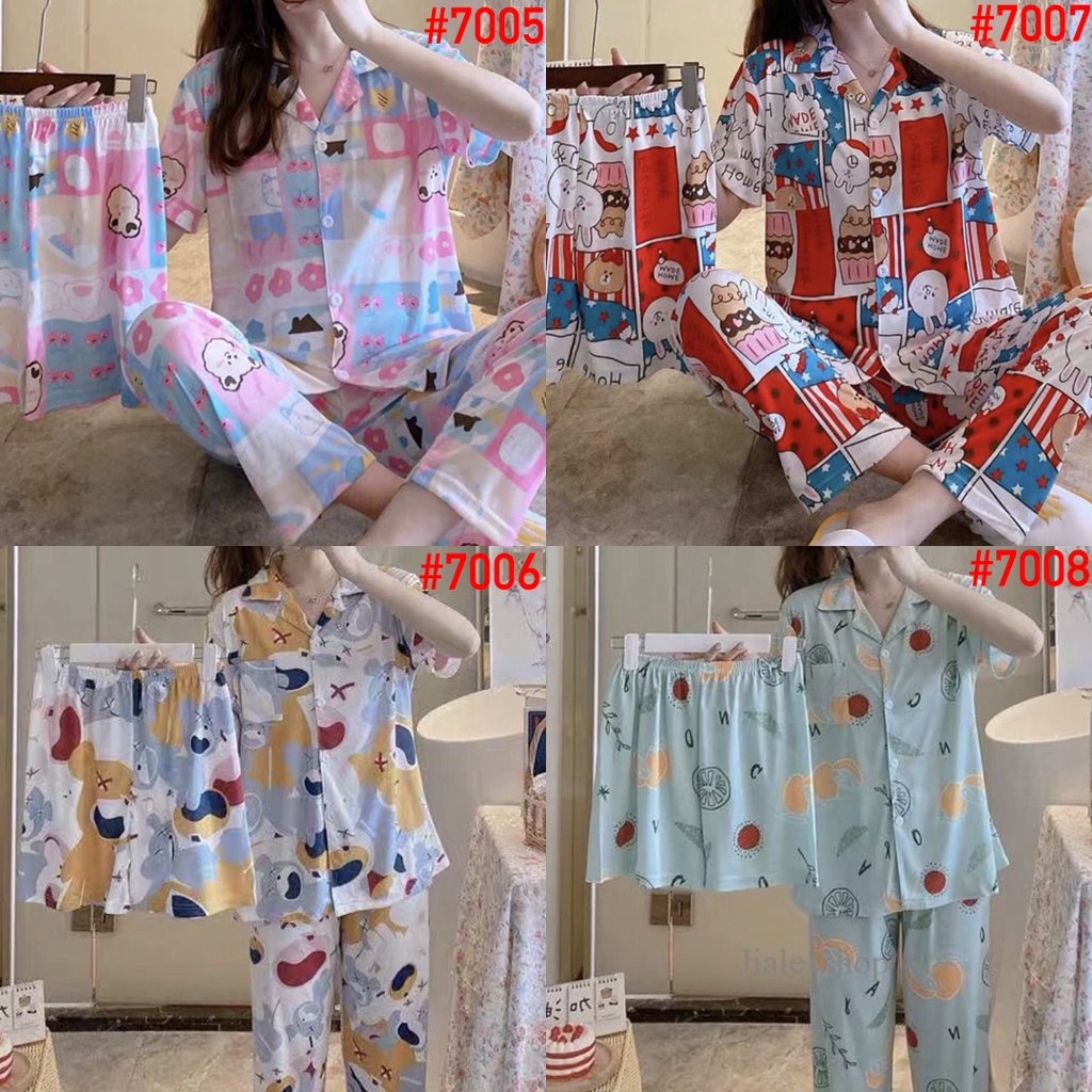 Piyama Baju Tidur Wanita Leisure Wear Import Fashion Kerah Kancing Lengan Pendek-1