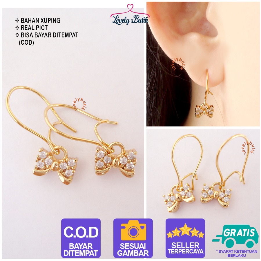 Lovelybutik - Anting Jurai Xuping Dewasa Lapis Emas Anti Karat Perhiasan Fashion Wanita Prit4 Anting Desi Bandul Pita Permata