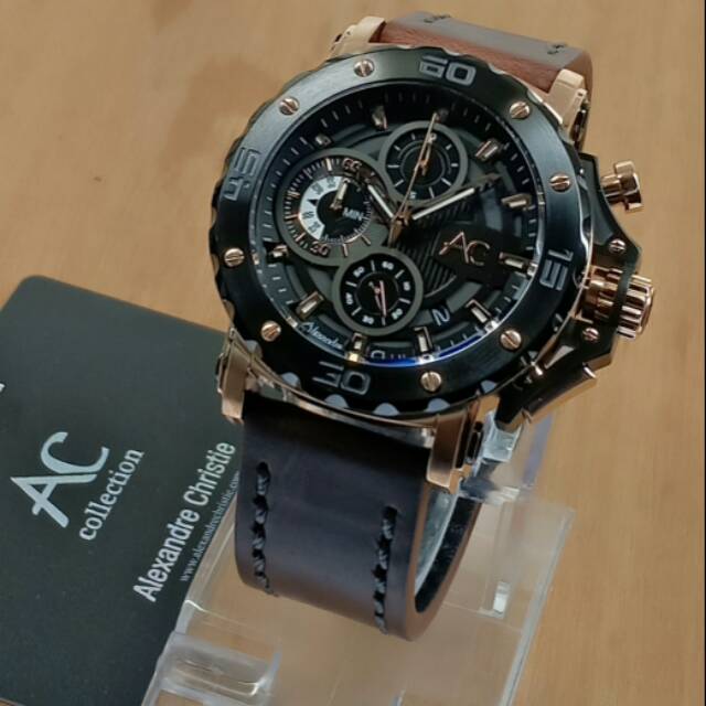 Jam Tangan Pria Alexandre Christie Tali Kulit Coklat Rosegold Chrono Ac 9205 Original Indonesia