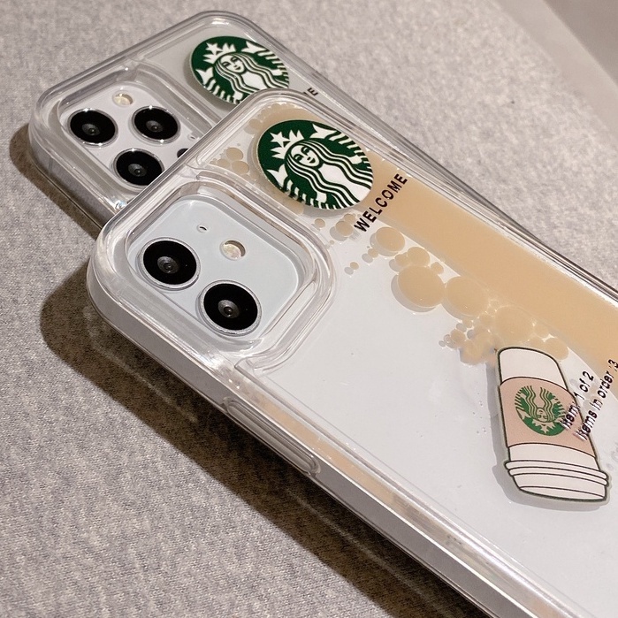 Creative Quicksand Starbucks Casing Ponsel untuk iPhone 14 13 12 11 Pro Max XR X MAX 7 8 Plus Resin Transparan Tahan Guncangan Casing iPhone Tahan Debu Bawah + Desain Tepi Lurus