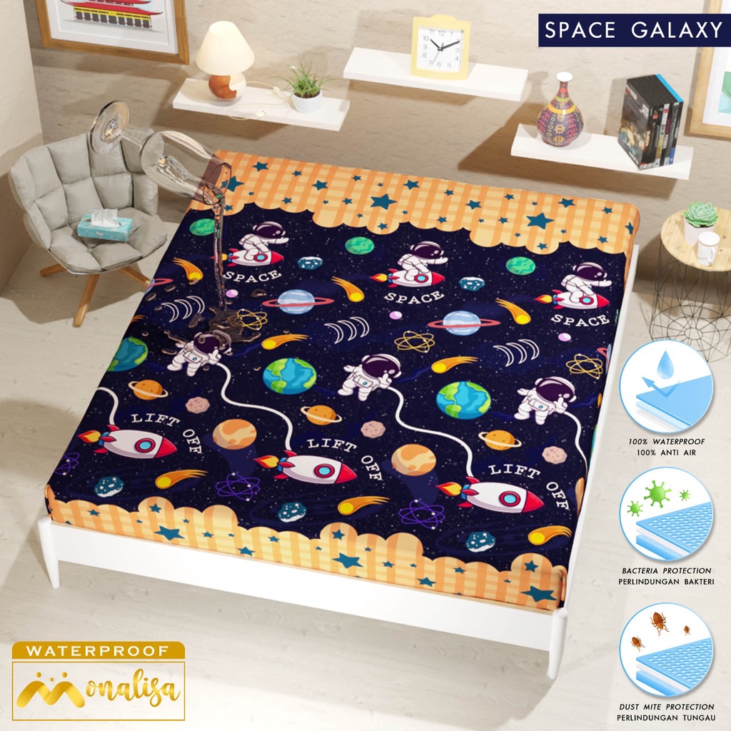 MONALISA Sprei Waterproof 180x200 - anti ompol air water proof Paus Rainbow  Rainbow Dinosaurus Rocket Galaxy180 SP-Space Galaxy- WP
