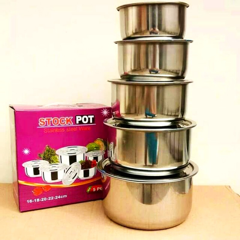 Panci Set Serbagun Stock Pot 5 pcs Stainless Steel Ware