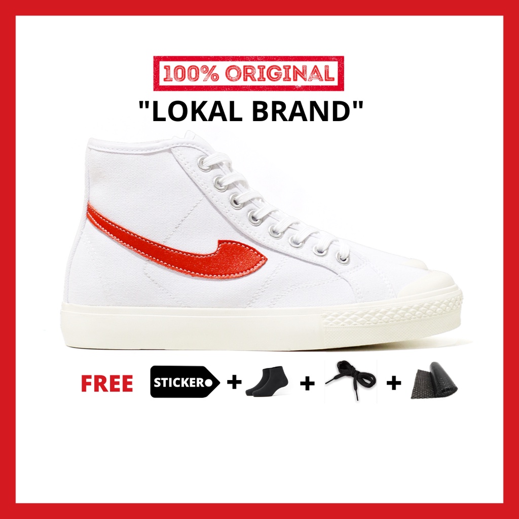 ORIGINAL - Sepatu Brand Lokal Kasual Pria Wanita No Brand White Red Hi Not Sneakers Compass Gazelle Putih Merah Tinggi