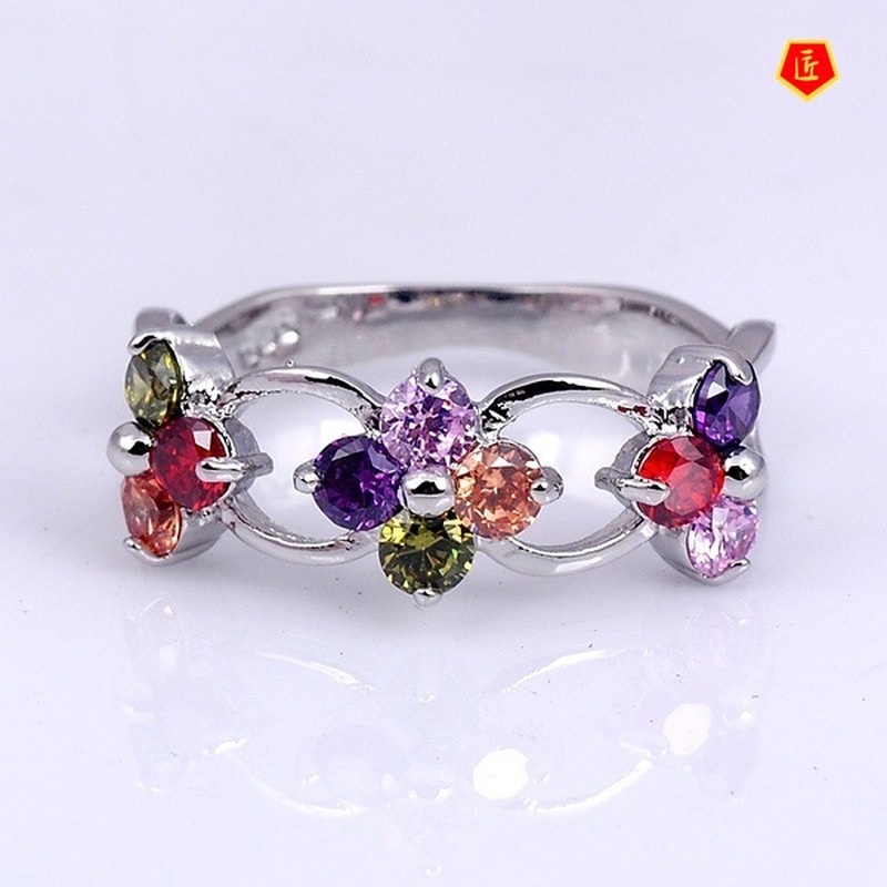 [Ready Stock]Fashion Inlaid Multi-Color Gemstone Flower Ring