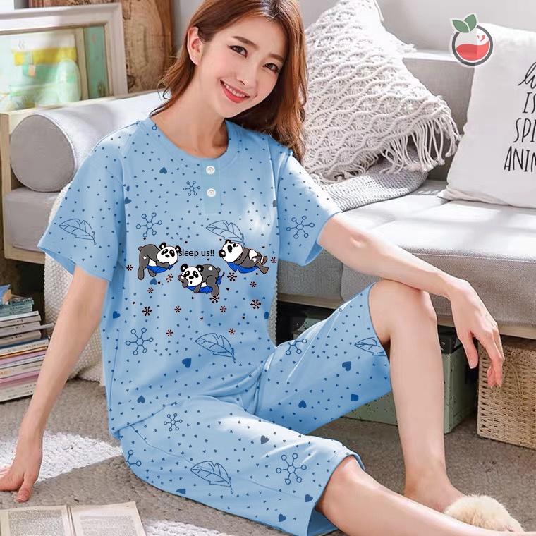 Baju Tidur Wanita 3/4 Stelan Celana Pendek Baby Doll Bahan Kaos Murah