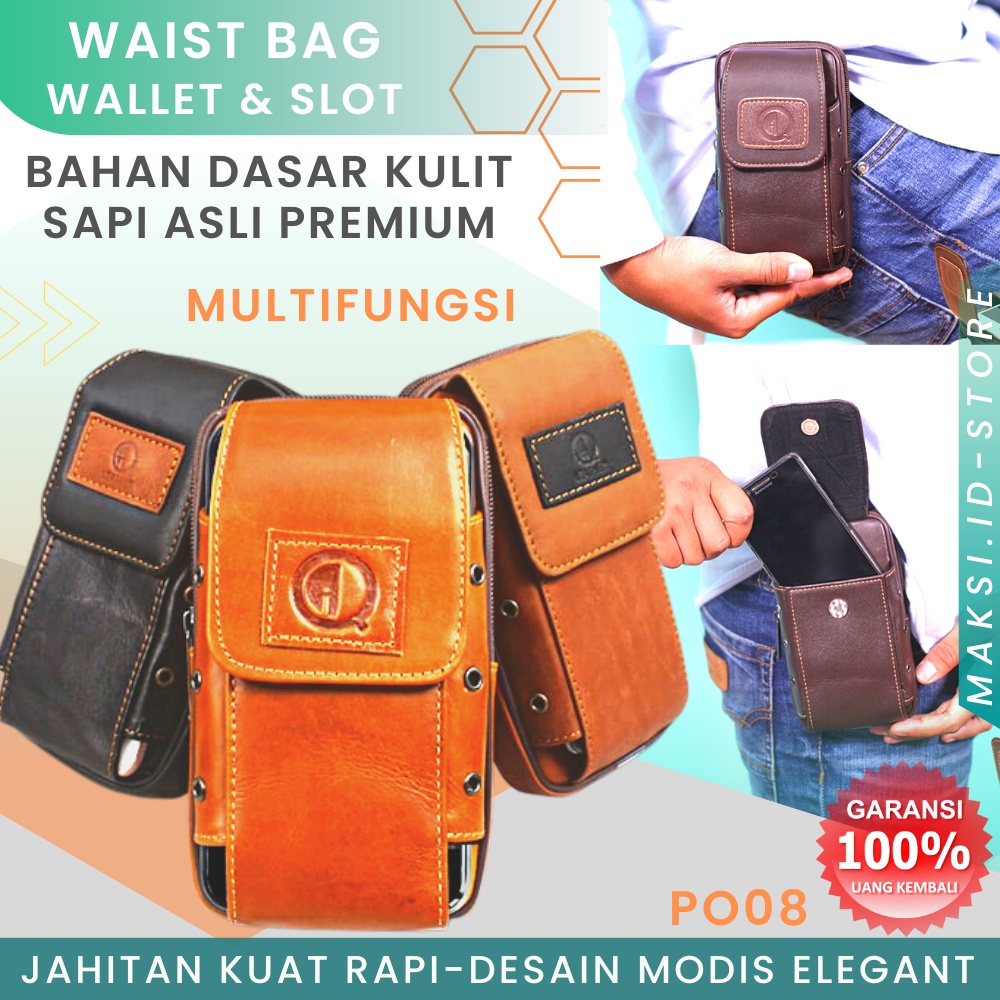 Tas Pinggang Pria Kulit Sapi Asli Handphone Waistbag Tas HP P008 Pinggang Multifungsi Bahan Kulit Sapi Asli