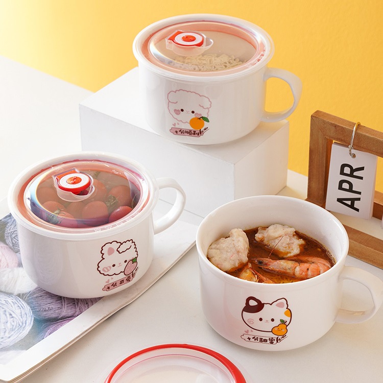 Mangkok Mie Instan Keramik Cute Tutup dengan Pegangan