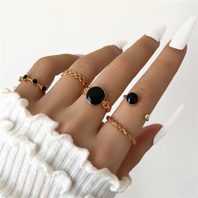 Bahasa Perancis retro geometris hitam bulat drip twist ring 5-piece set