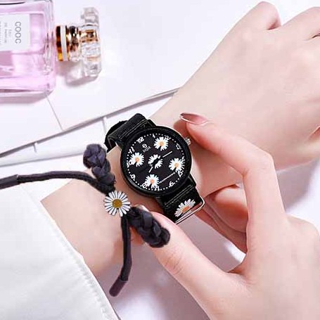 jam tangan Wanita Quartz Analog GD same paragraph Small Daisy Motif Kanvas Untuk Women Watch Set-S 5+Bracele