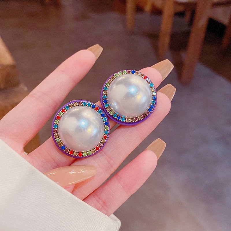 Anting Stud 925 silver needle Bentuk Lingkaran Besar Aksen Mutiara Berlian Imitasi