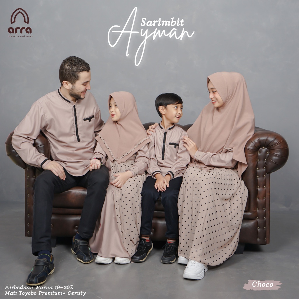 Baju Gamis Muslim Syari dan Koko Sarimbit Couple Cople Warna Choco (Coklat) untuk Keluarga (Suami Istri, Ayah, Ibu, dan Anak) Lengan Panjang Kualitas Terbaik dengan Design Terbaru Tahun 2022 Brand Arra Series Ayman