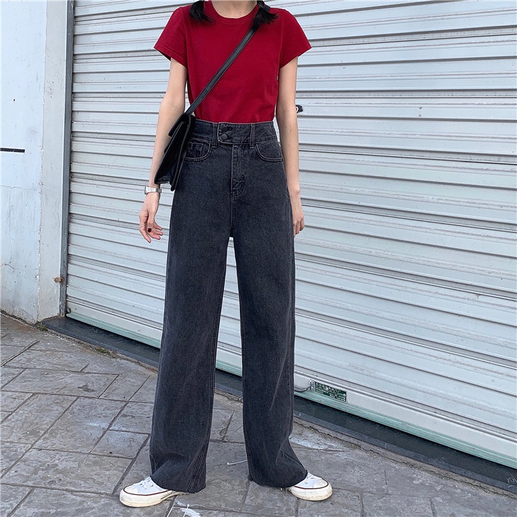 High Waist Jeans Wanita Loose Abu-abu Gelap Korea Style Celana Panjang