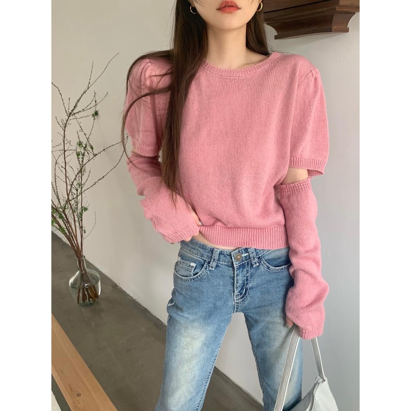 Red Desain Musim Gugur/Musim Dingin Lengan Lengan Pendek Baru Wewangian Kecil Angin Murni Pendek Kain Wol Sweater Wanita Top Wanita