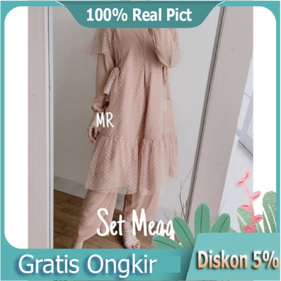 Meggy Glamour Set / setelan brokat tile lengan panjang bawah celana / baju pesta kondangan kekinian