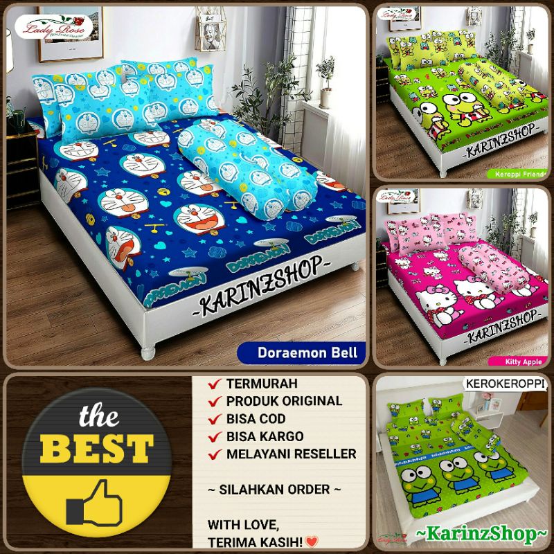 Sprei Lady Rose DORAEMON BELL/KEROPPI FRIENDS/KITTY APPLE/KEROKEROPPI (Uk. King 180x200 Nomer 1/Queen 160x200 Nomer 2)