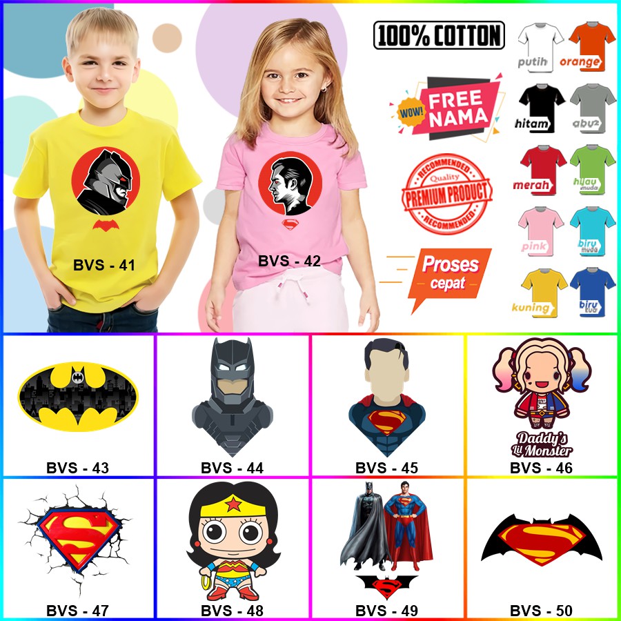 Baju Kaos ANAK DAN DEWASA BATMAN SUPERMAN WONDERWOMAN JOKER HARLEY COUPLE (FREE NAMA)