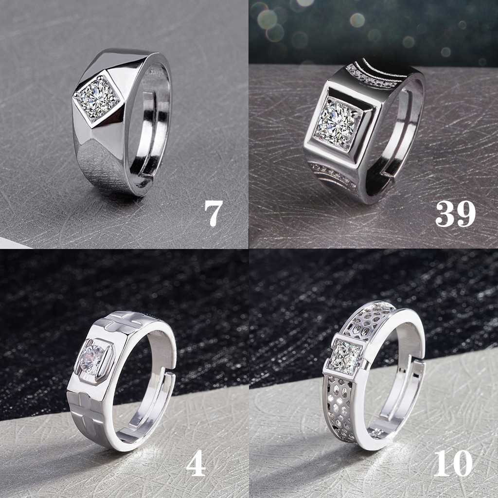 Cincin Silver S925 Pria Adjustable Hias Kristal Berlian Zirconia Untuk Pernikahan