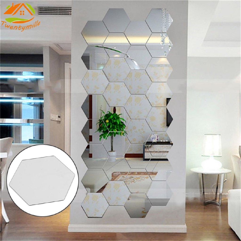 Twen Hexagonal 3d Mirrors Wall Stickers Home Decor Living Room Mirror Wall Sticker Shopee Indonesia