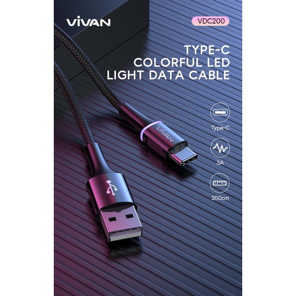 Vivan VDC100 1M / VDC200 2M USB-C Data Cable 3A LED Light Type-C / Kabel Data Type C