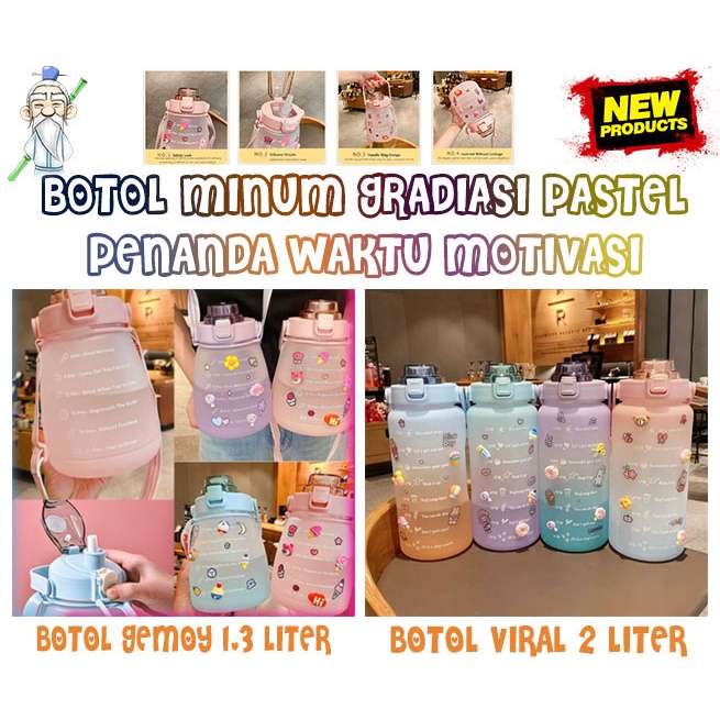 ❤️ SUHU ❤️ BOTOL MINUM 2 LITER 2000ML GEMOY 1.3 LITER 1300ML STICKER 3D MOTIVASI VIRAL GRADIASI PASTEL PENANDA WAKTU QUITFIT