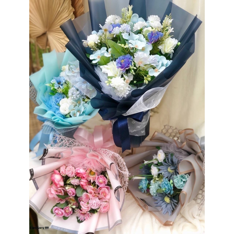 Jual Buket bunga warna biru ukuran sedang buket wisuda wedding murah