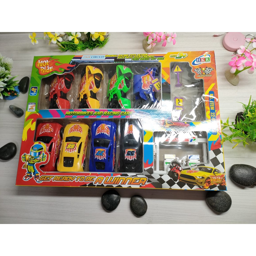 mainan anak mobil dan motor hot ride full set / mainan anak laki laki full set