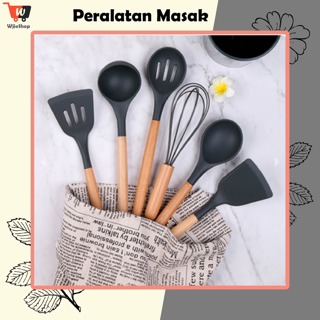 Jual Peralatan Masak Silikon Gagang Kayu Silicone Utensil Set