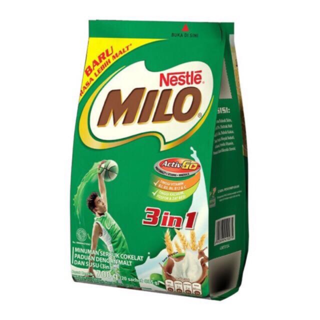 Milo 3 in 1 ( 20 sachet : 700gr ) / MILO ACTIV-GO 3 IN 1 750 GRAM (ISI 20 SACHET @35 g)