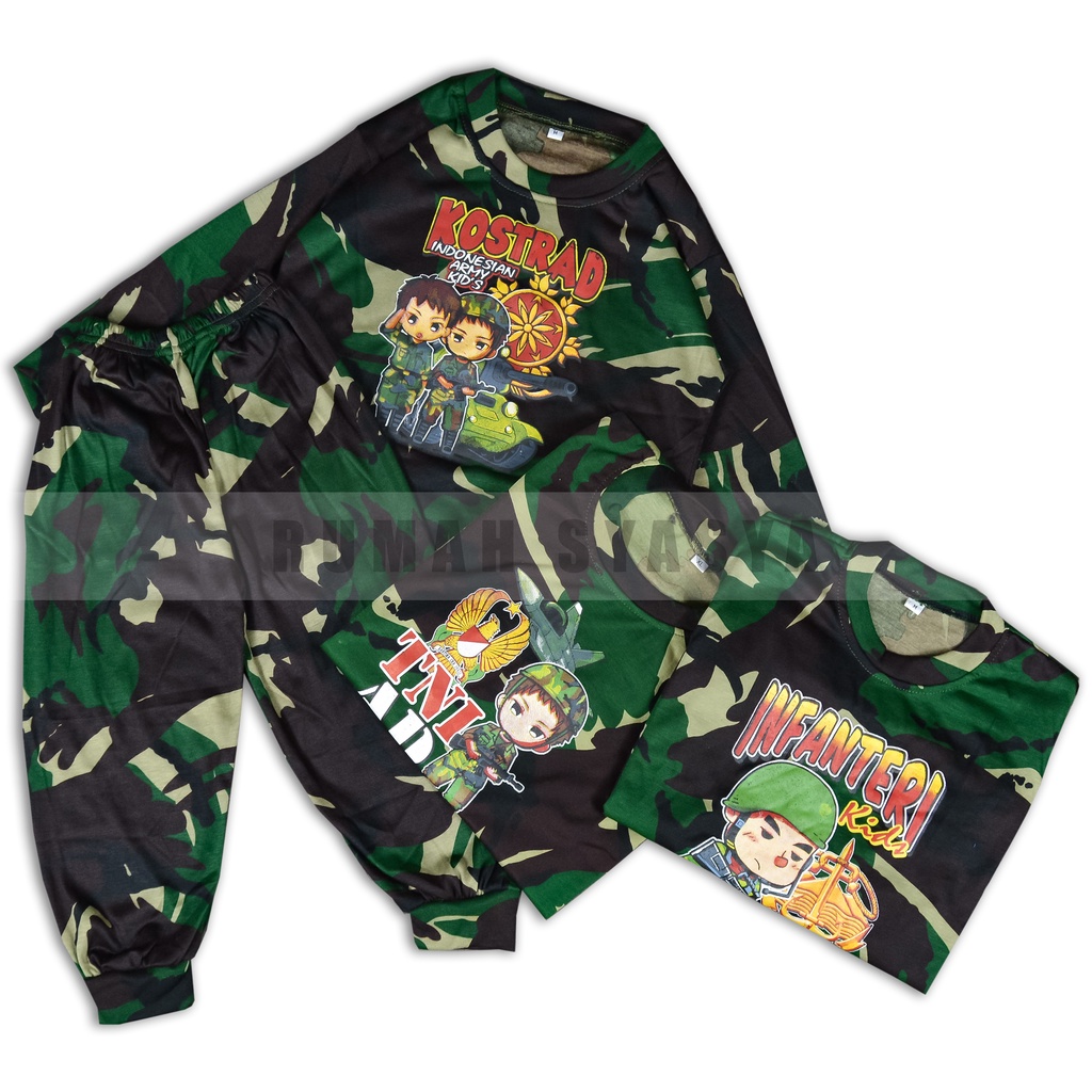 Setelan Baju Kaos Training Anak KIDS ARMY TNI-AD Bahan Double 30S Piyama Loreng Tentara Polisi Tacti