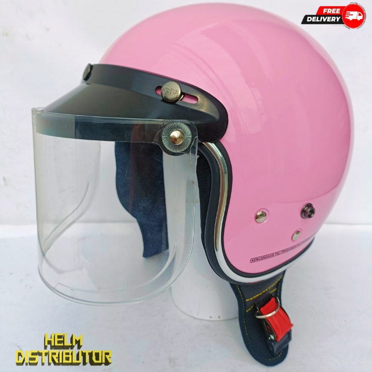 HELM BOGO RETRO KUALITAS PREMIUM LIS CHROME KACA DATAR/CEMBUNG FULL LEHER SNI DEWASA PRIA WANITA (COD)