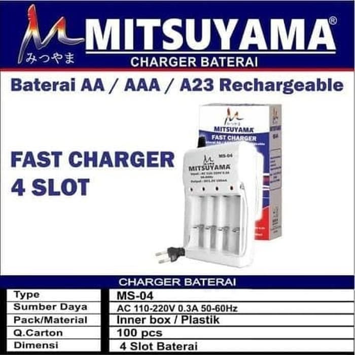 CHARGER BATERAI 4 SLOT MITSUYAMA MS-04 CHARGER BATERAI AA DAN A3 AUTHENTIC